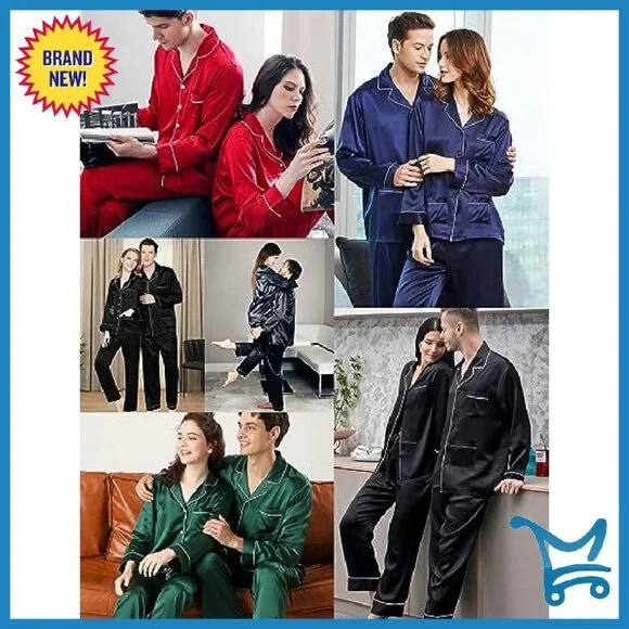 Satin Couples Pajama Set Long Sleeve Button Down Sleepwear with Pockets